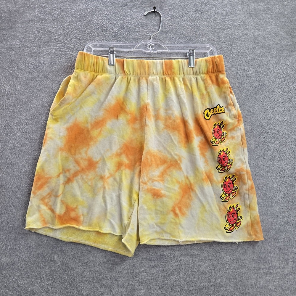 MAD Engine Men Activewear Shorts L Yellow Tie Dye Cheetos Fire Guy Logo